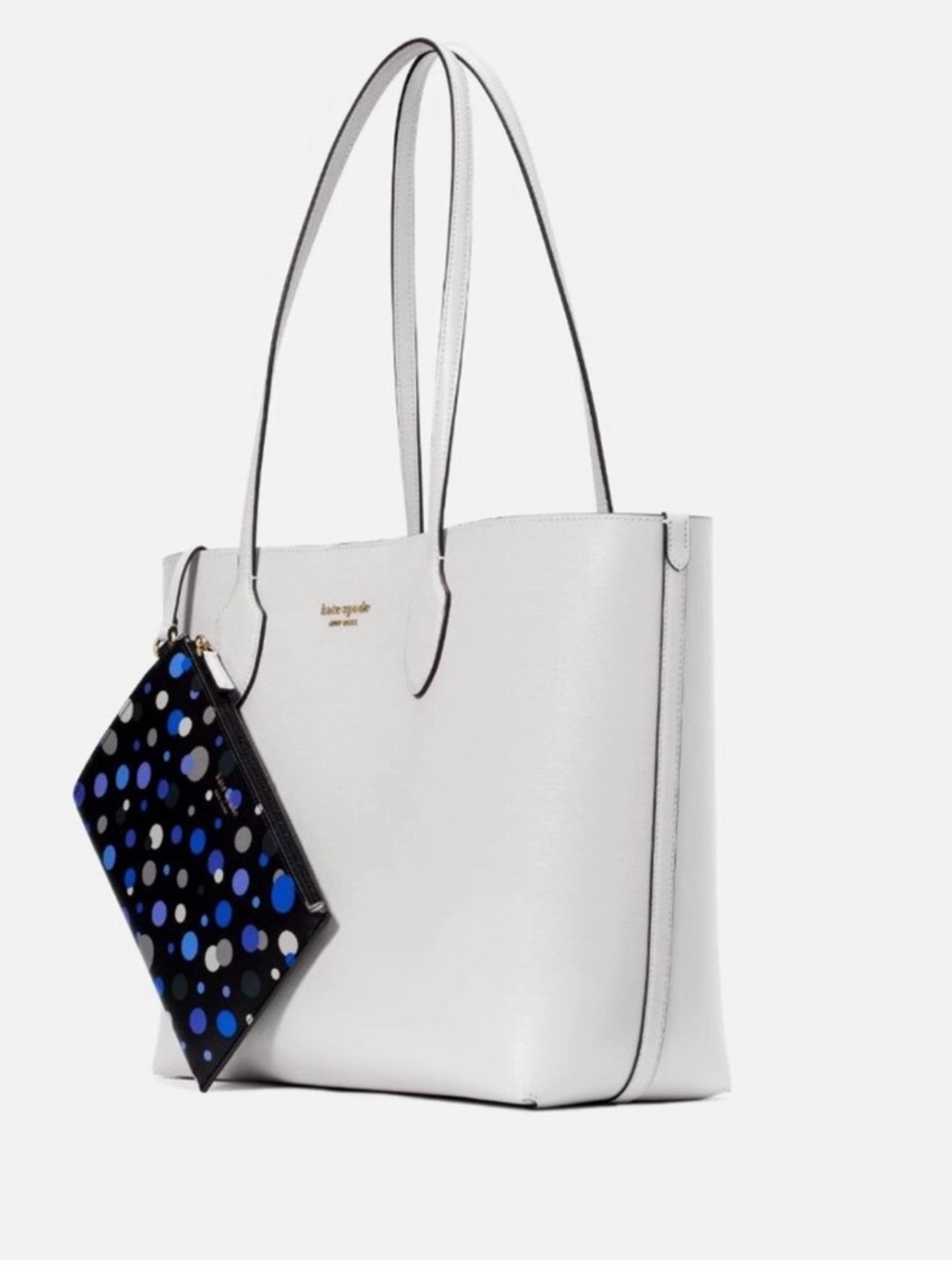 Kate Spade White Leather Tote with Blue Polka Dot Whistler